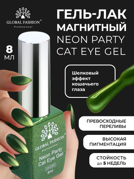 Гель лак кошачий глаз Neon Party Cat Eye Global Fashion, 8мл, 011