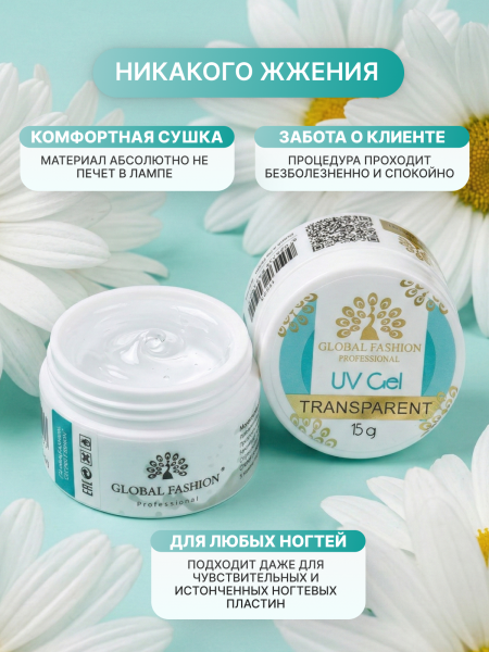 Гель для наращивания ногтей, прозрачный, Global Fashion Clear, 15 г.