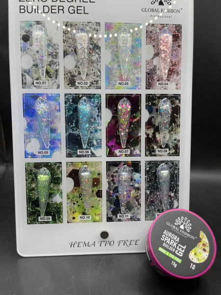 Гель для наращивания Global Fashion, Aurora Spark Builder Gel Hema & Tpo Free 15g,  01